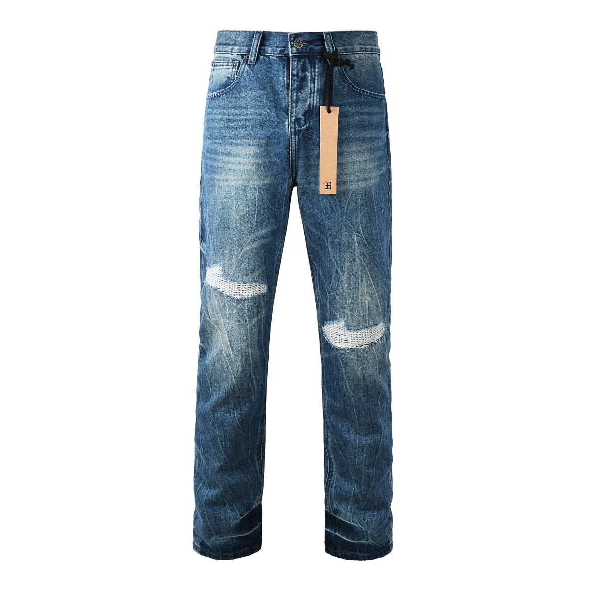 Men’s Vintage Blue Baggy Jeans - Distressed Knee Patch Denim