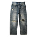 High Street Distressed Blue Rhinestones Baggy Jeans - Loose Ripped Jeans