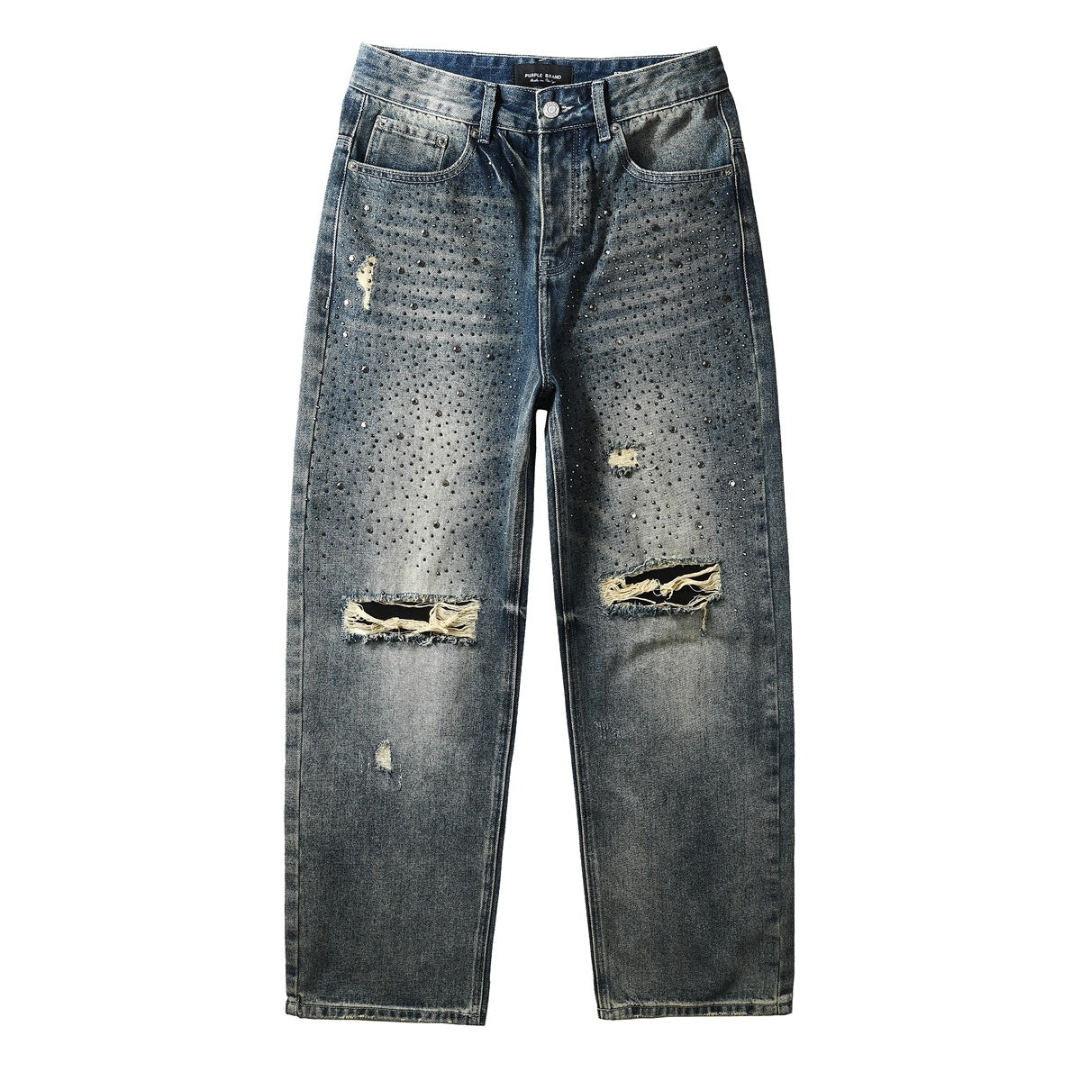 High Street Distressed Blue Rhinestones Baggy Jeans - Loose Ripped Jeans