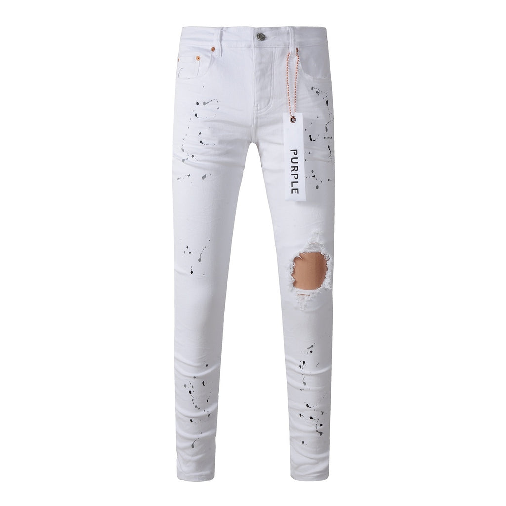 Men's White Distressed Damaged Holes High Stretch Slim Fit Spray Paint Ripped Jeans