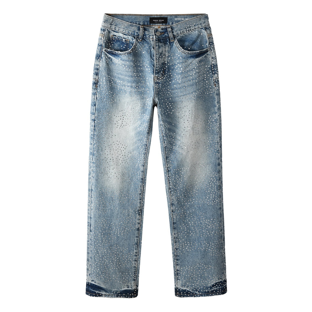Distressed Blue Baggy Rhinestones Loose Ripped Jeans | Trendy Street Style Denim