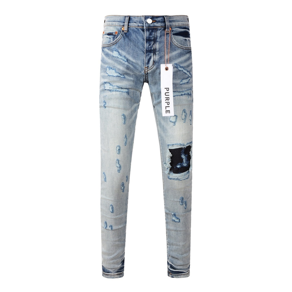 Men's Slim Fit Streetwear Distressed Light Blue Destroyed Holes Patchwork Stretch Ripped Jeans