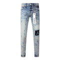Men's Slim Fit Streetwear Distressed Light Blue Destroyed Holes Patchwork Stretch Ripped Jeans