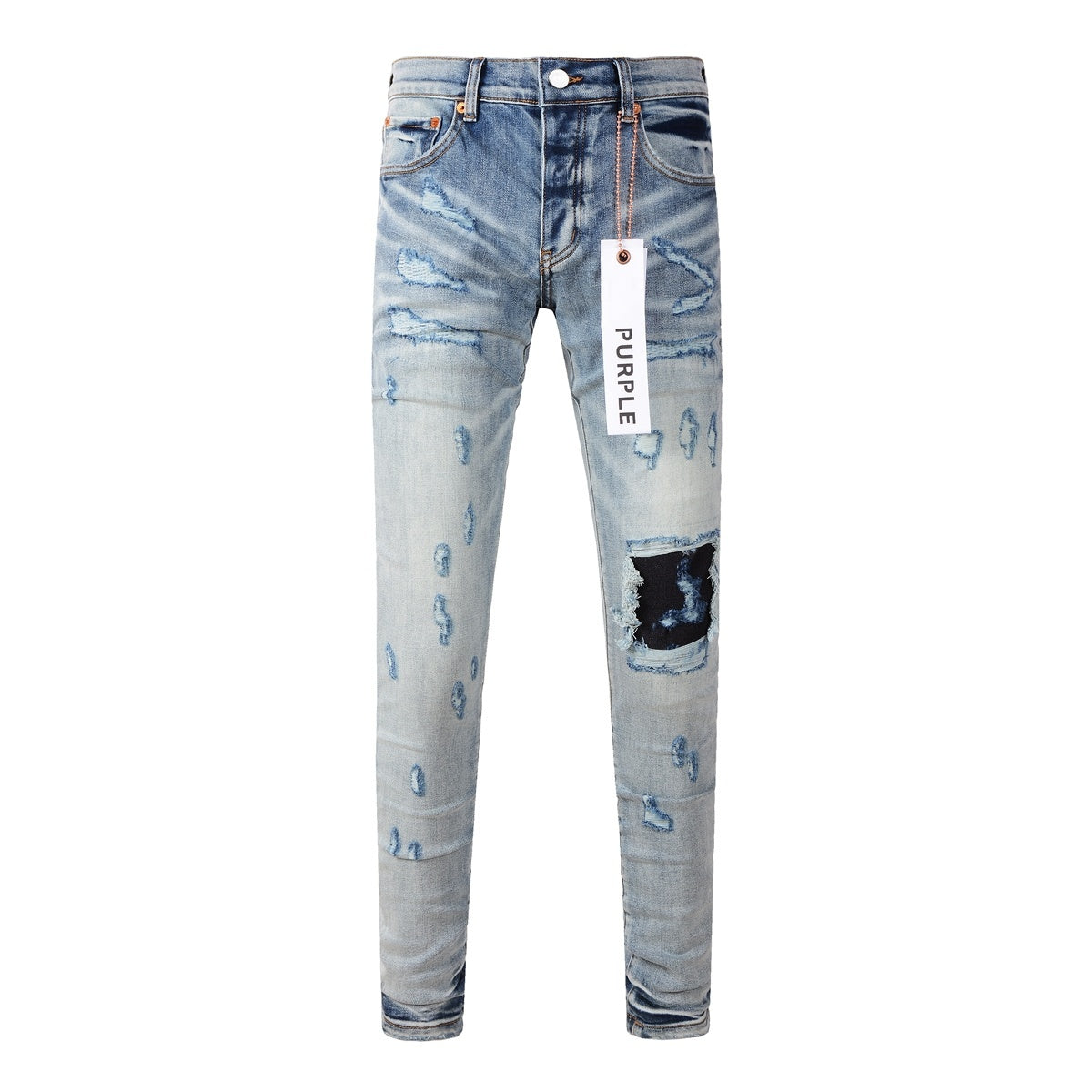 Men's Slim Fit Streetwear Distressed Light Blue Destroyed Holes Patchwork Stretch Ripped Jeans