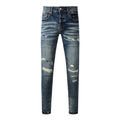 Men's Distressed Dark Blue Skinny Jeans with Ripped Holes & Button Fly