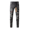 Men's Grey Wash Embroidered Distressed Skinny Jeans - Stretch Denim