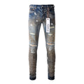 Men's Blue High Street Distressed Dirty Damaged Holes Stretch Slim Fit Ripped Jeans