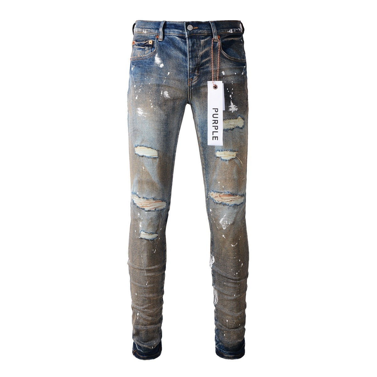 Men's Blue High Street Distressed Dirty Damaged Holes Stretch Slim Fit Ripped Jeans