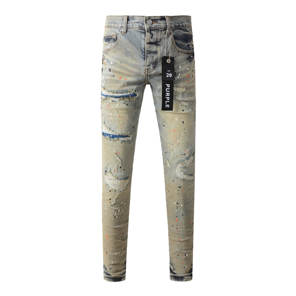 Men's Slim Fit Distressed Washed Light Blue Graffiti Jeans with Ripped Holes & Button Fly