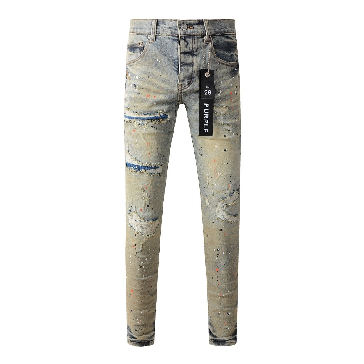 Men's Slim Fit Distressed Washed Light Blue Graffiti Jeans with Ripped Holes & Button Fly