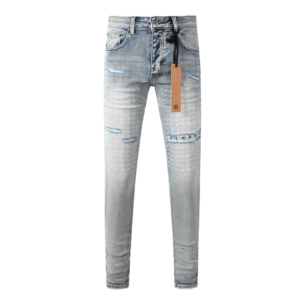 Men’s Light Wash Skinny Jeans - Cross Embroidered Distressed Denim
