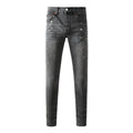 Men's Distressed Skinny Jeans with Ripped Holes, Rhinestones & Button Fly