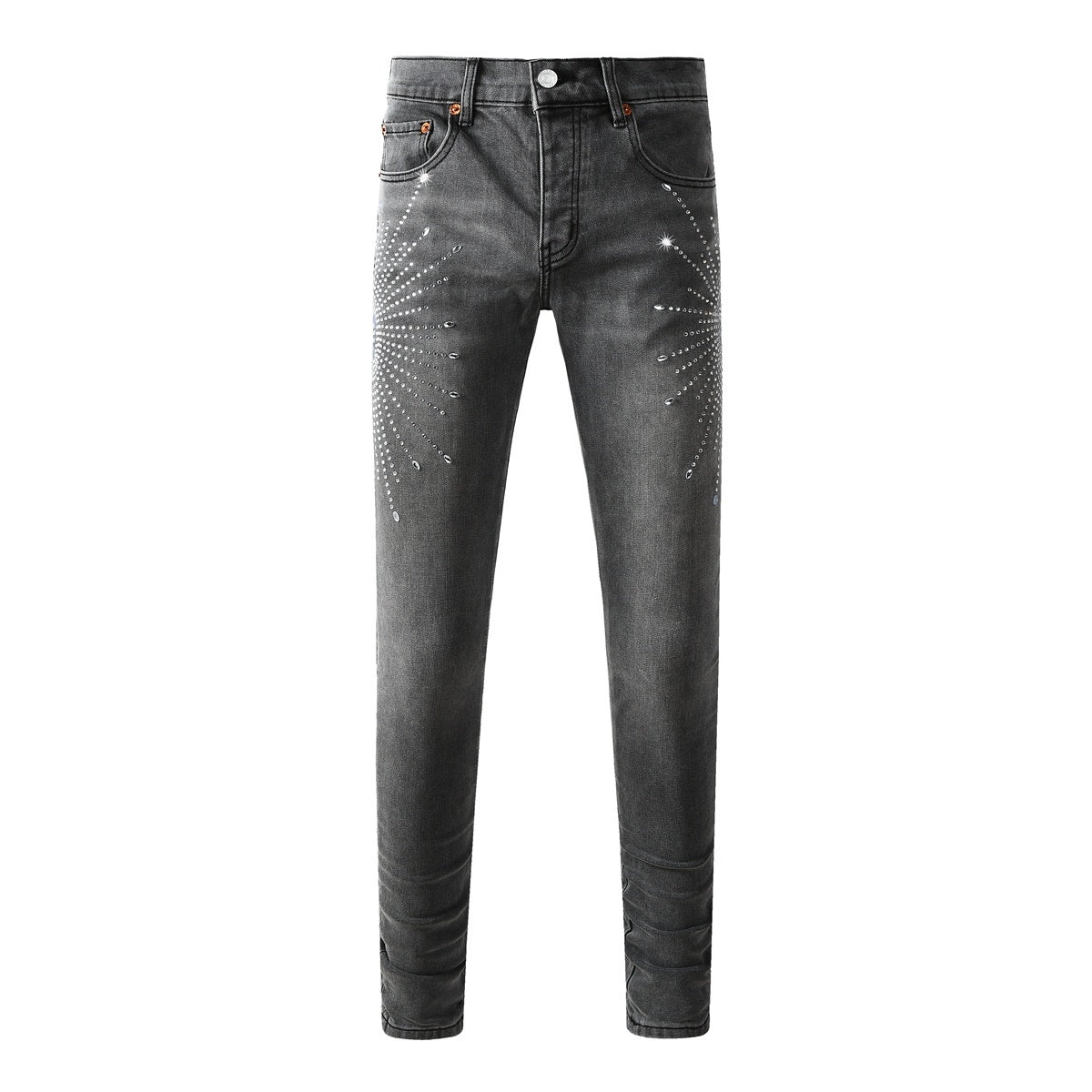 Men's Distressed Skinny Jeans with Ripped Holes, Rhinestones & Button Fly