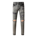 Men's High Street Distressed Ash Gray Skinny Jeans with Ripped Holes & Button Fly