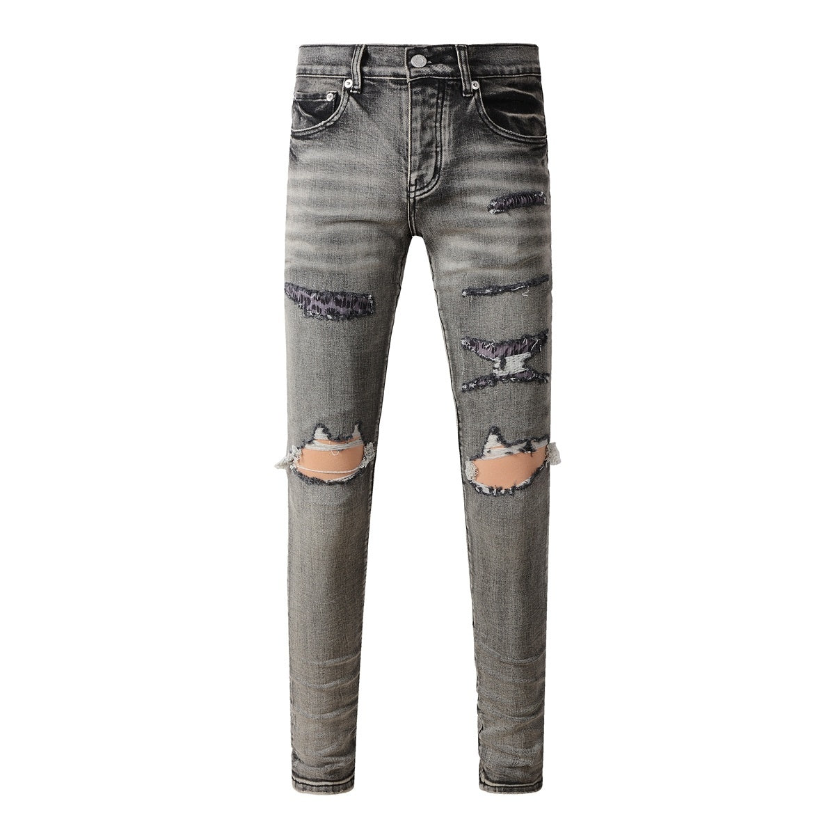 Men's High Street Distressed Ash Gray Skinny Jeans with Ripped Holes & Button Fly