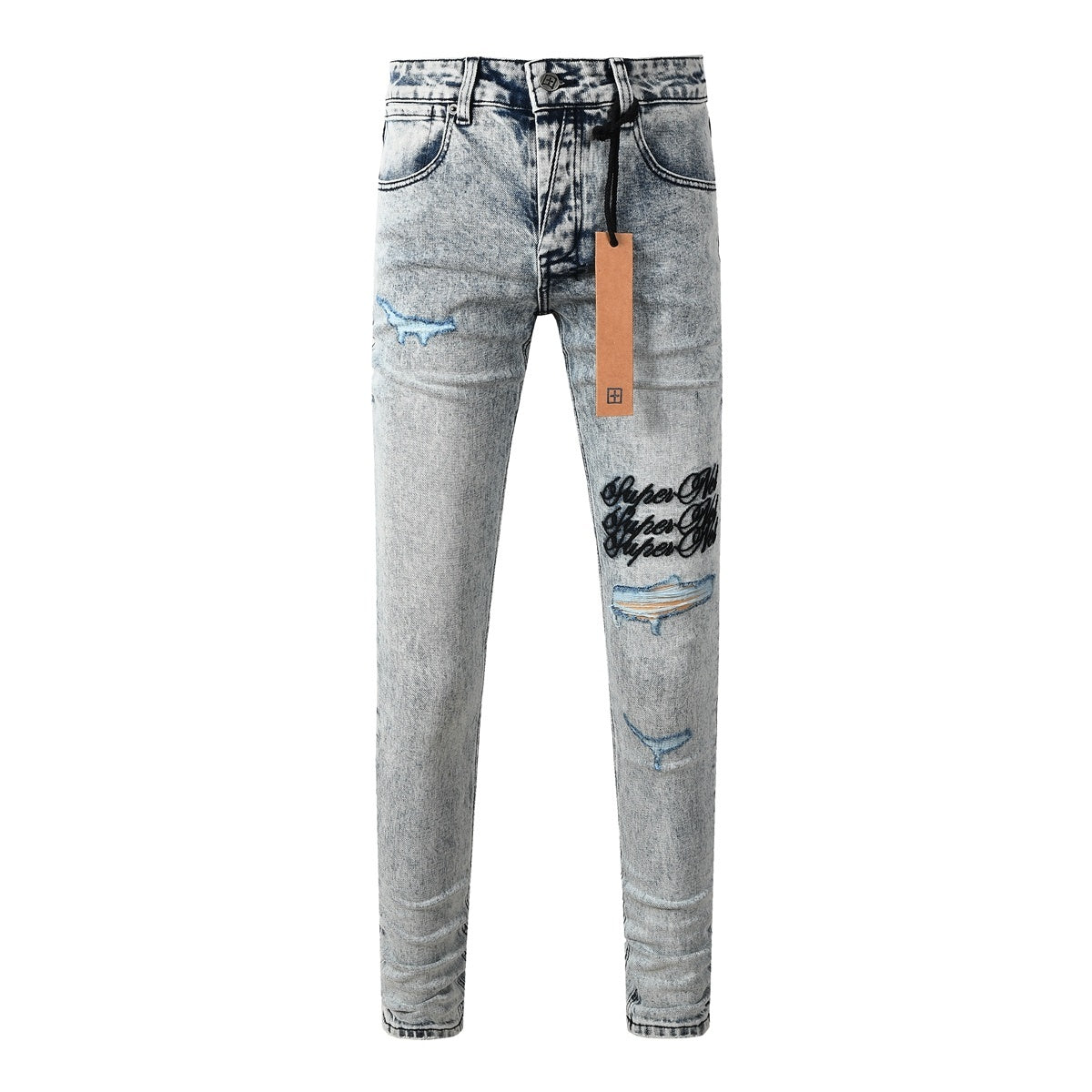Men’s Acid Wash Skinny Jeans - Distressed Embroidered Street Denim