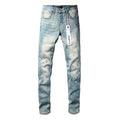 Men's Light Wash Embroidered Letter Skinny Jeans | Streetwear Slim Fit Distressed Denim Pants