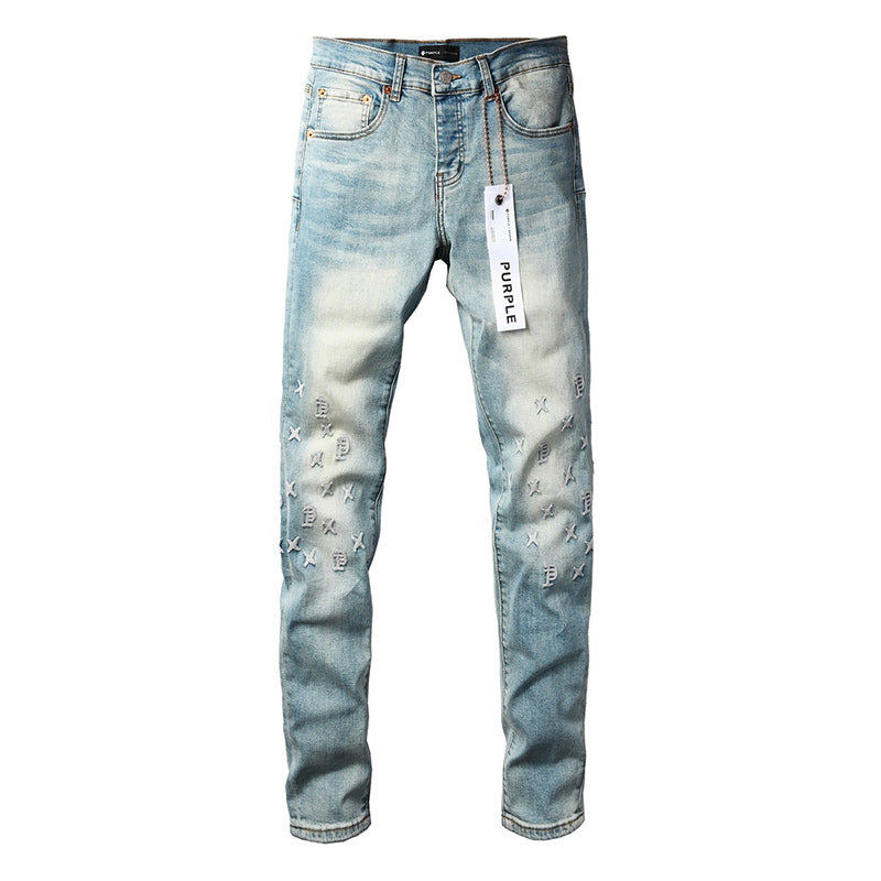 Men's Light Wash Embroidered Letter Skinny Jeans | Streetwear Slim Fit Distressed Denim Pants