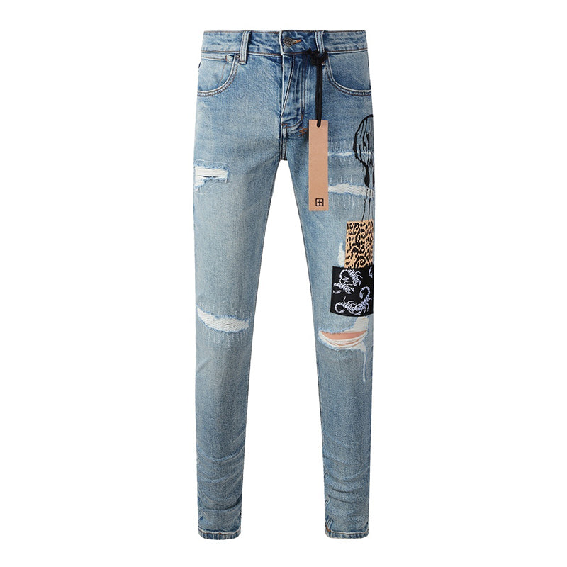 Men’s Ksubi Style Light Blue Patchwork Distressed Skinny Jeans Streetwear Denim