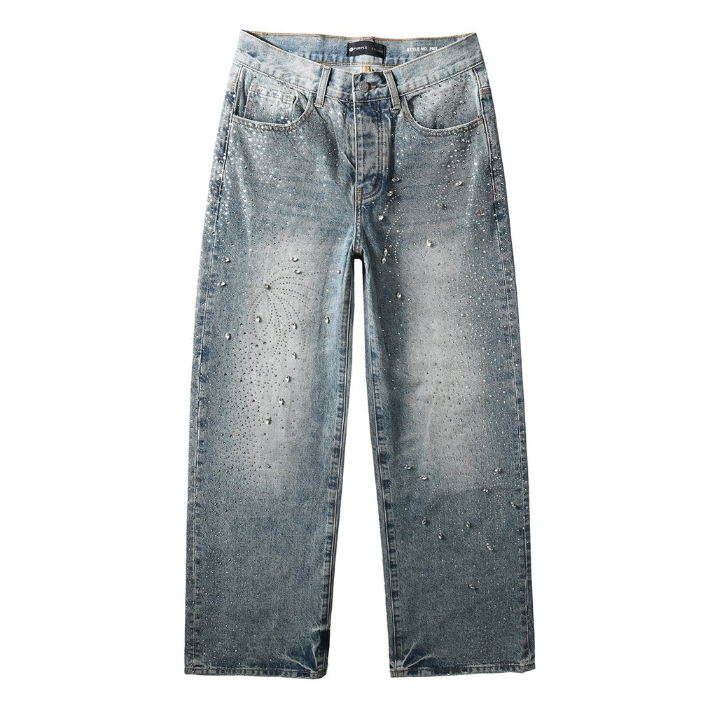 High Street Baggy Jeans - Distressed Blue Rhinestones Pattern | Loose Ripped Jeans