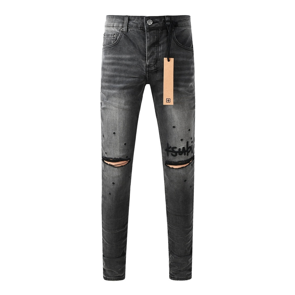 Men's Ksubi-Style Black Distressed Rhinestone Skinny Jeans