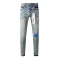 Men's Slim Fit Distressed Light Blue Damaged Holes Blue Patchwork Stretch Ripped Jeans Pants