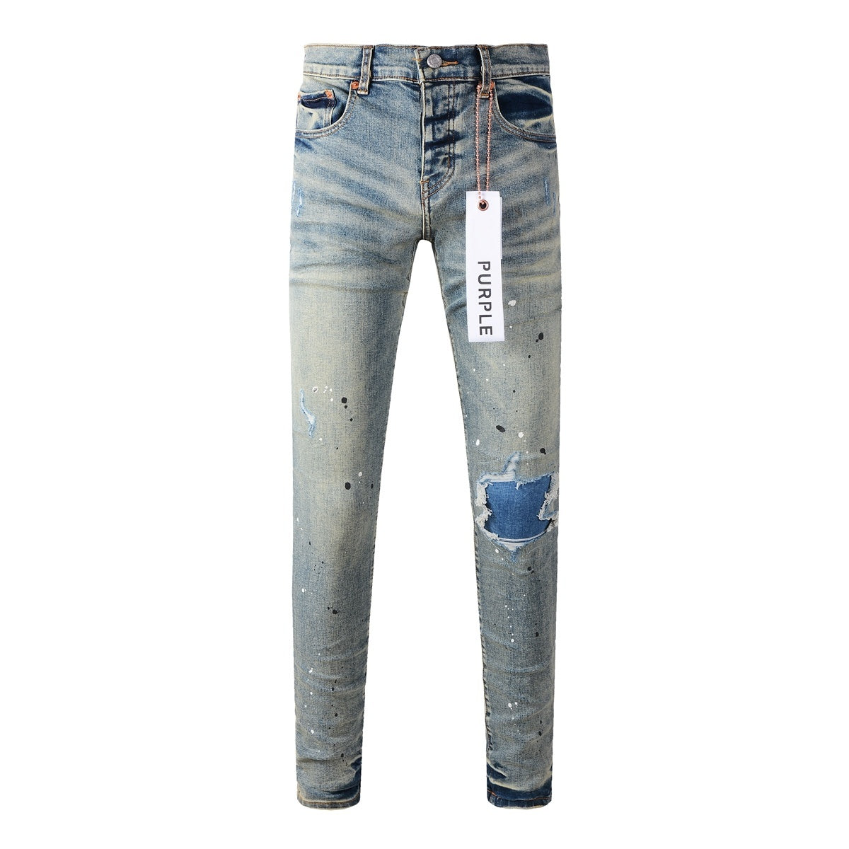 Men's Slim Fit Distressed Light Blue Damaged Holes Blue Patchwork Stretch Ripped Jeans Pants