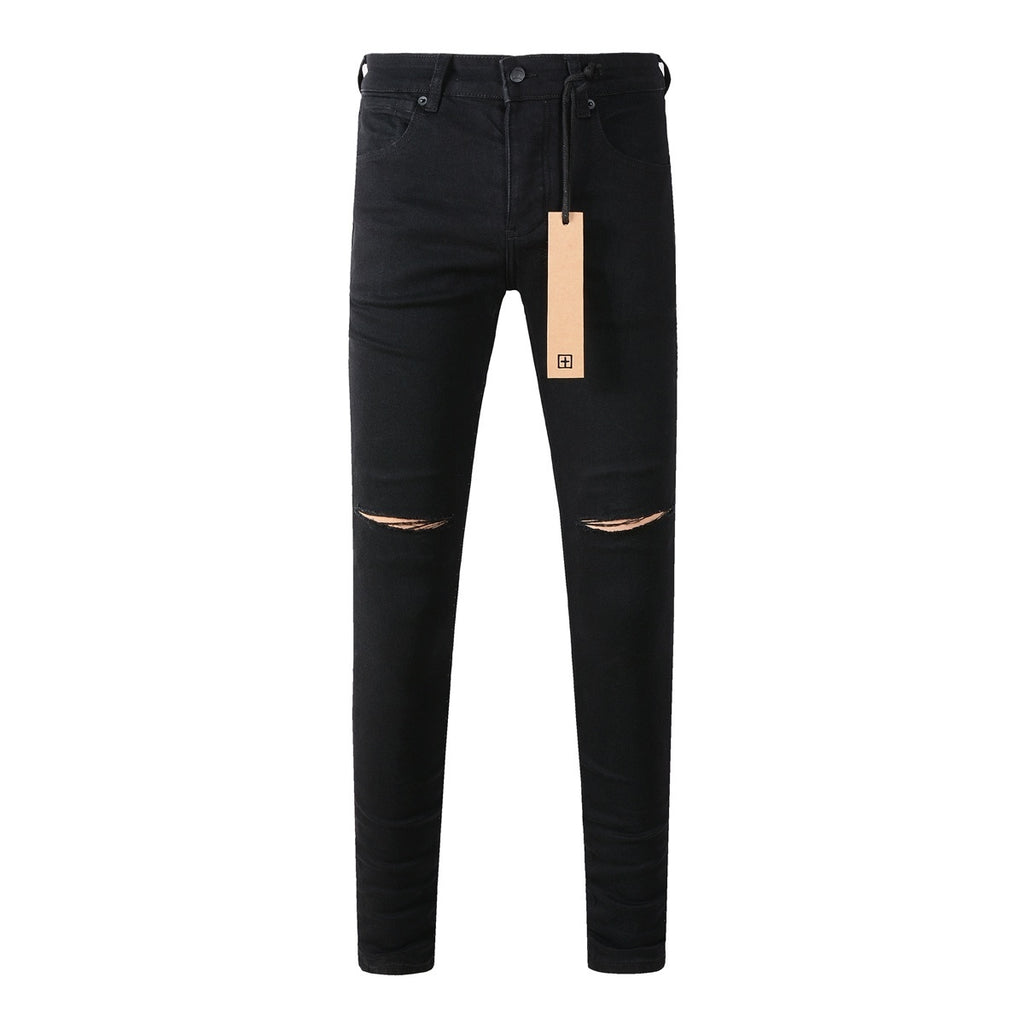 Men's Black Knee Slit Distressed Skinny Jeans - Stretch Denim