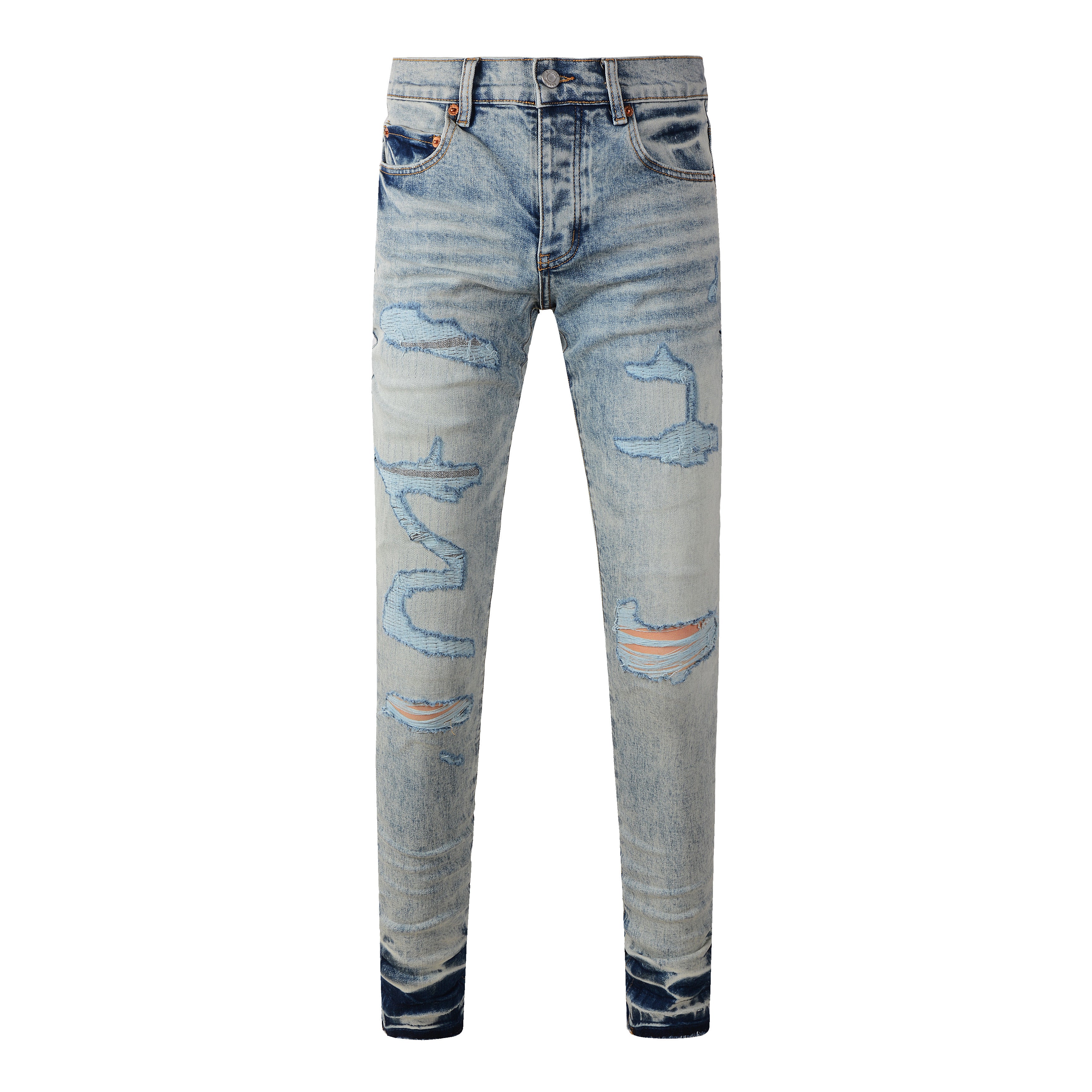 Men's Distressed Light Indigo Skinny Jeans with Ripped Holes & Button Fly