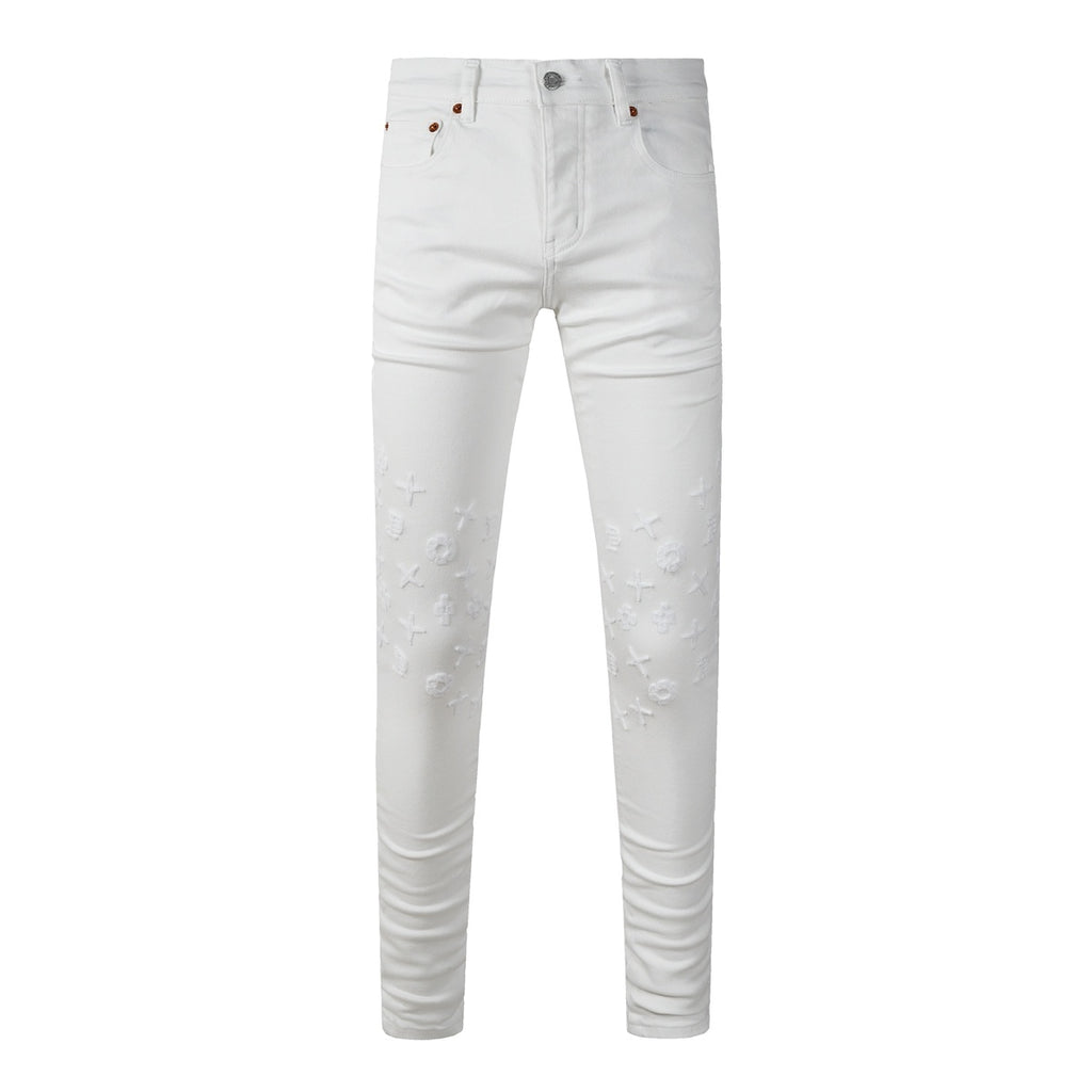 Men's Distressed White Skinny Jeans with Embroidered Patterns & Ripped Holes & Button Fly
