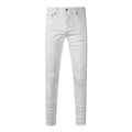 Men's Distressed White Skinny Jeans with Embroidered Patterns & Ripped Holes & Button Fly