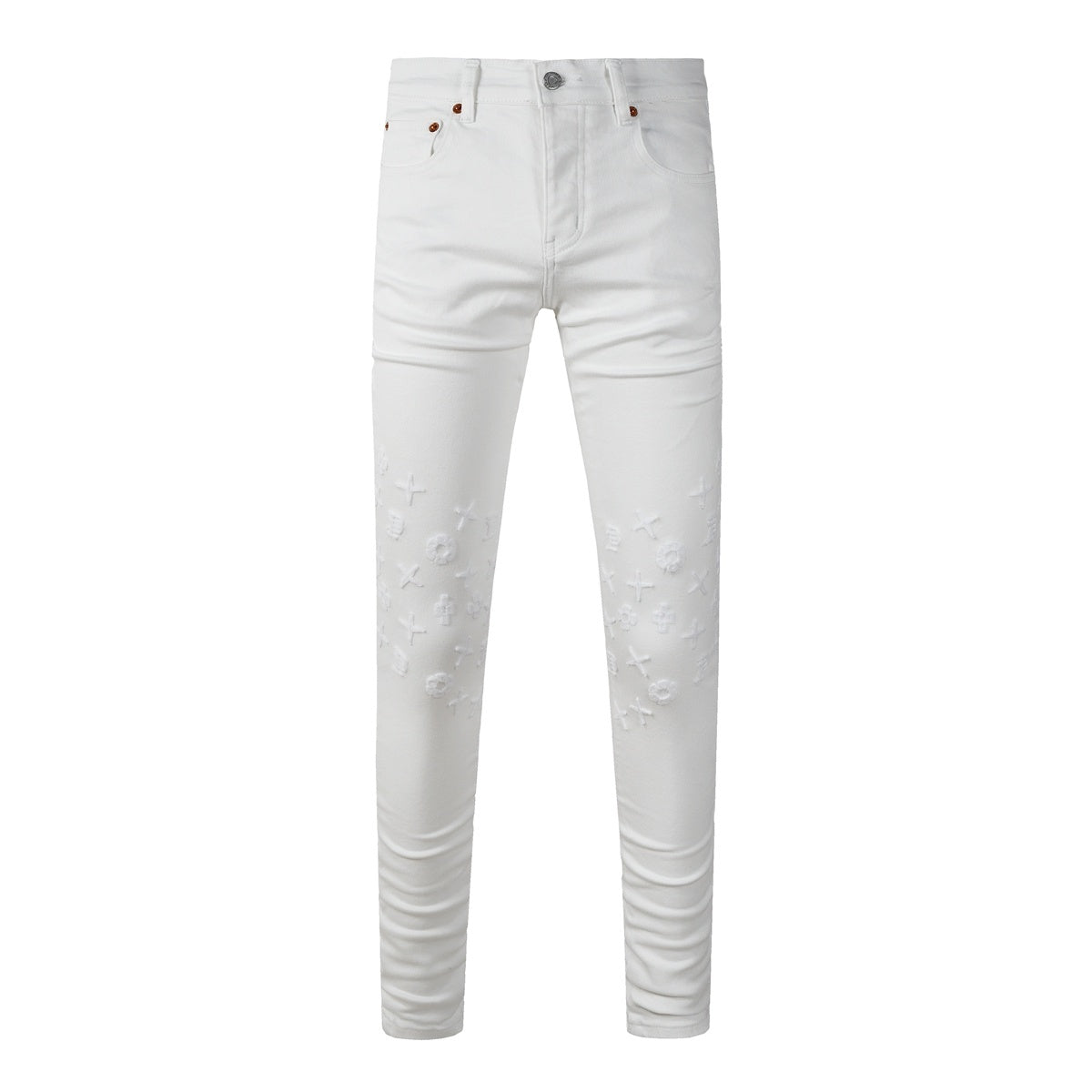 Men's Distressed White Skinny Jeans with Embroidered Patterns & Ripped Holes & Button Fly