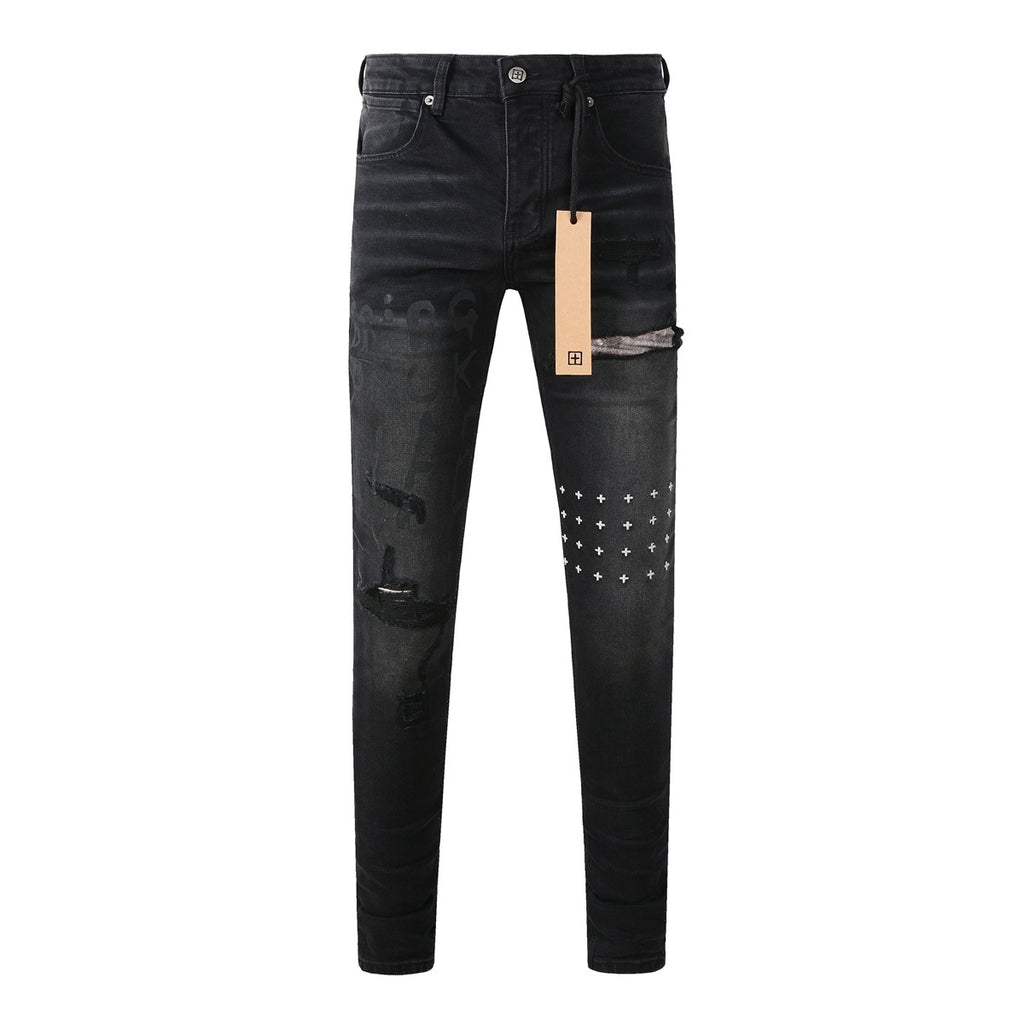 Men's Black Wash Cross-Studded Distressed Skinny Jeans - Stretch Denim