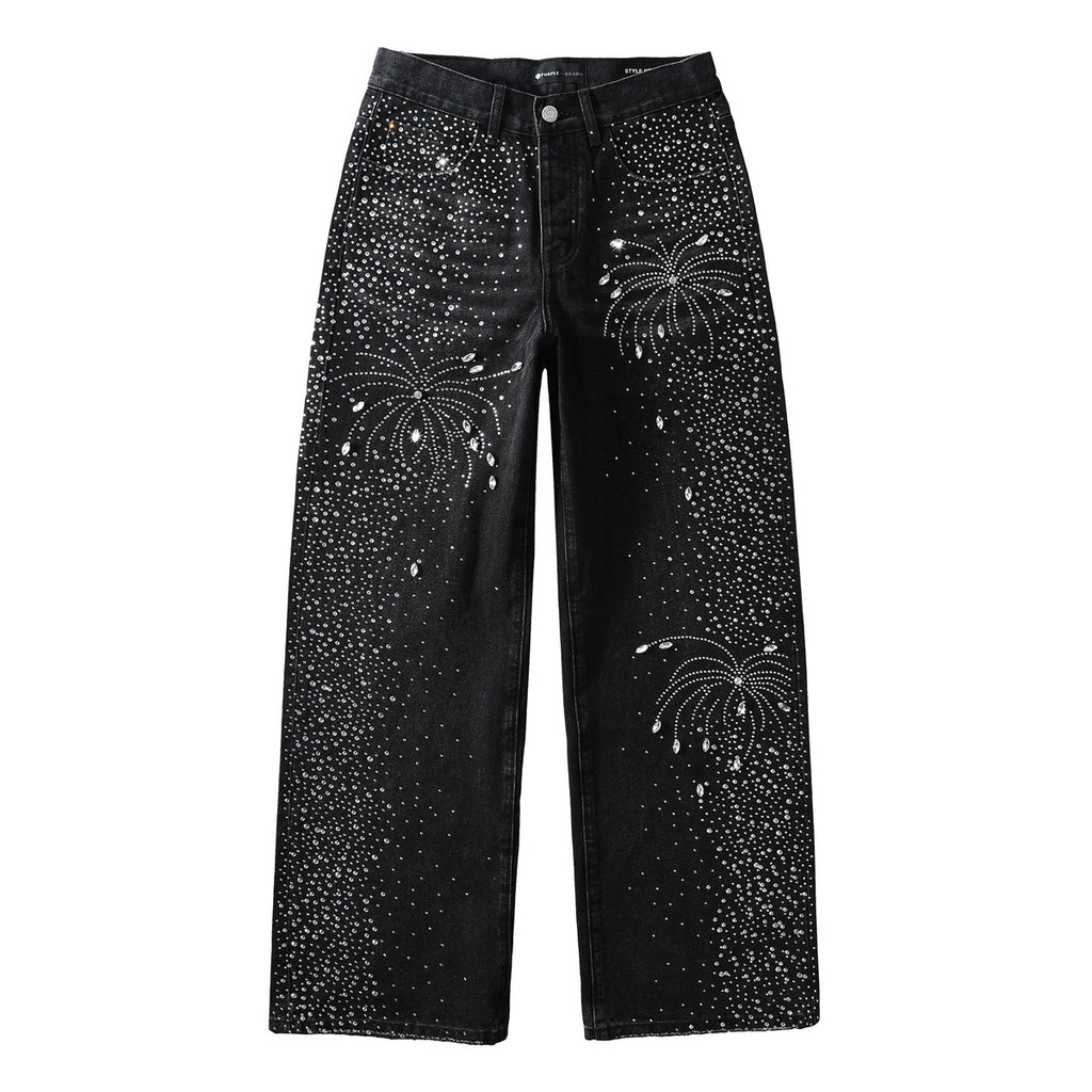 Men's Distressed Black Baggy Jeans with Rhinestones & Street Style