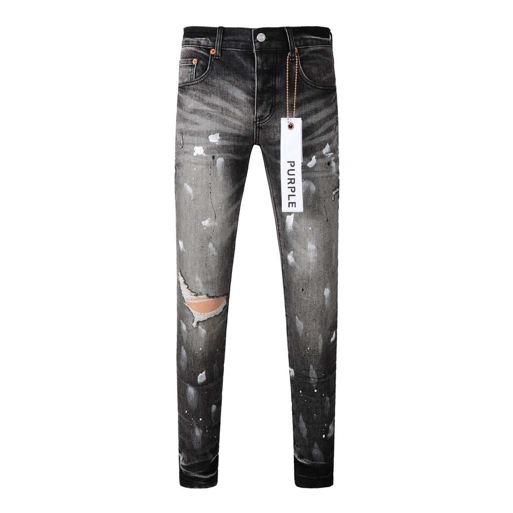 Men's High Street Distressed Gray Damaged Holes Spray Painted Stretch Slim Fit Ripped Jeans