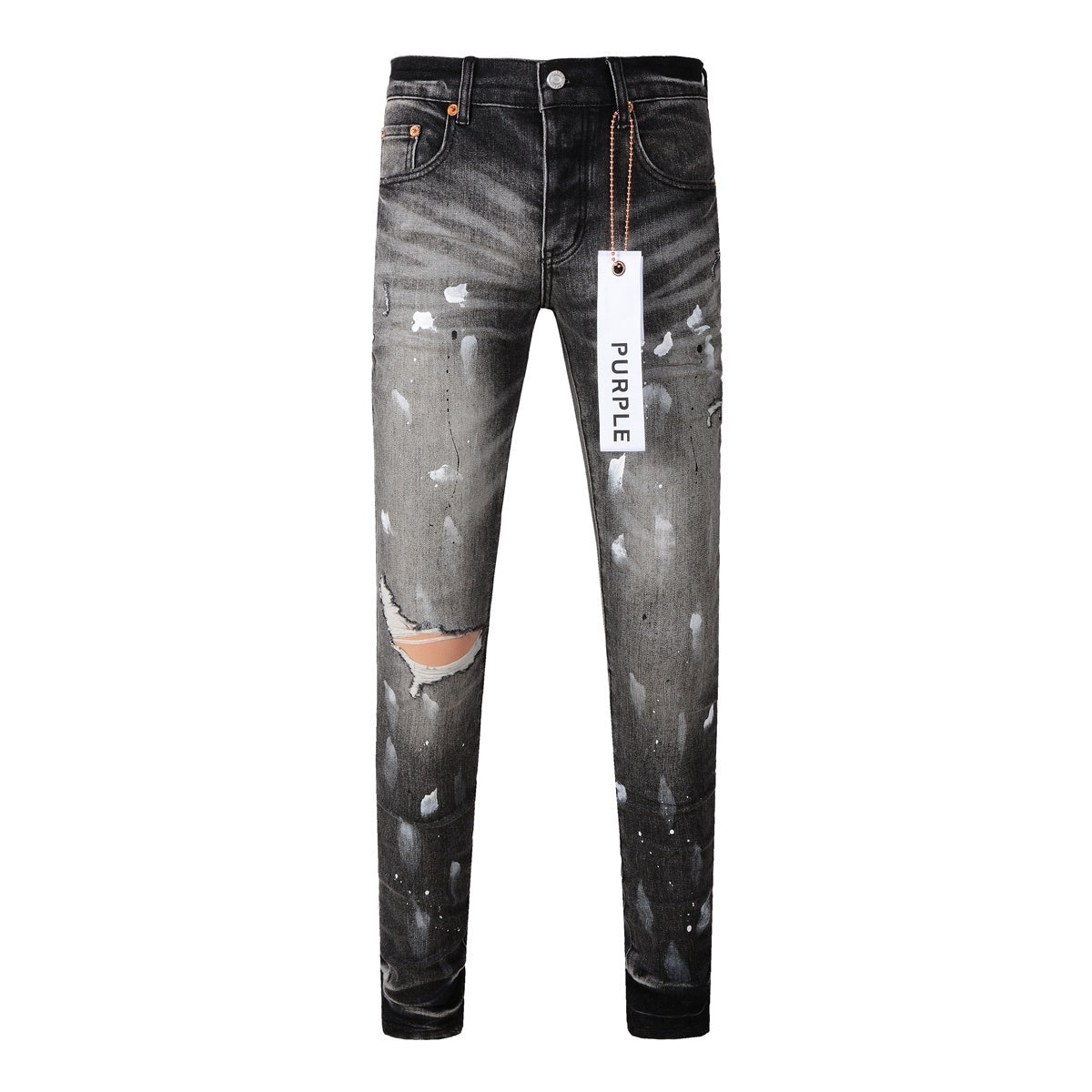 Men's High Street Distressed Gray Damaged Holes Spray Painted Stretch Slim Fit Ripped Jeans