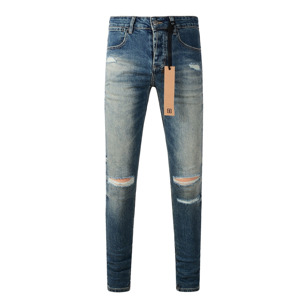 Men's Vintage Blue Multi-Rip Distressed Skinny Jeans - Stretch Denim