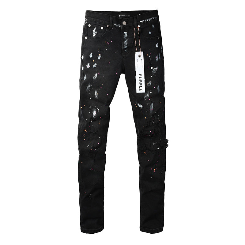 Men's Black Paint Splatter Distressed Skinny Jeans | Streetwear Ripped Slim Fit Denim Pants