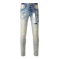 Men's High Street Distressed Blue Destroyed Hole Slim Fit Spray Paint Ripped Jeans
