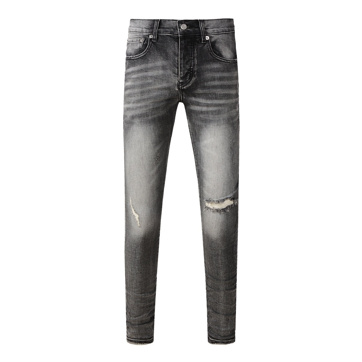 Men's Distressed Ash Gray Skinny Jeans with Ripped Holes & Button Fly