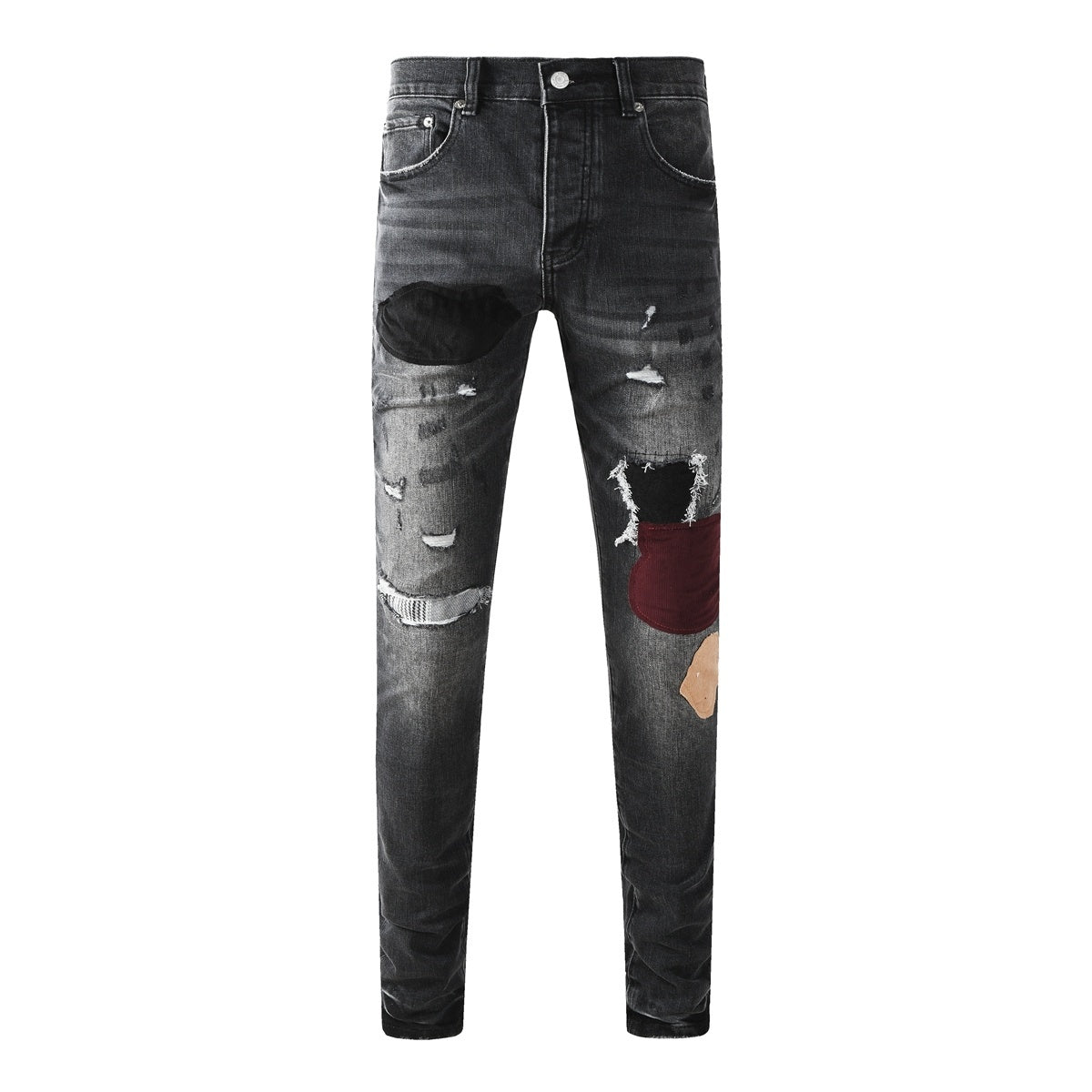 Men's Distressed Black Gray Skinny Jeans with Patchwork, Ripped Holes & Button Fly