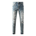 Men's Distressed Light Indigo Skinny Jeans with Graffiti, Ripped Holes & Button Fly