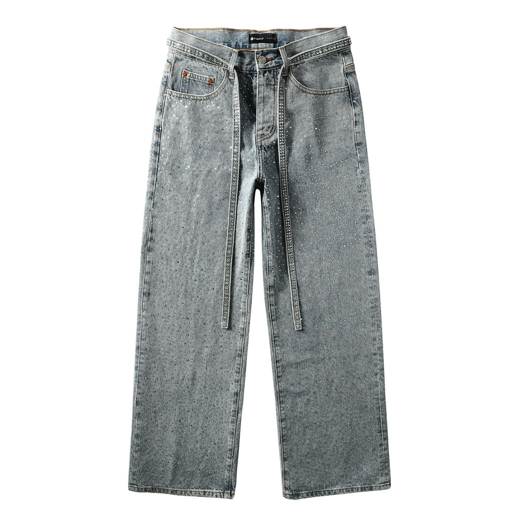 Men’s Baggy Light Blue Rhinestone Jeans – Loose Fit Wide Leg Denim