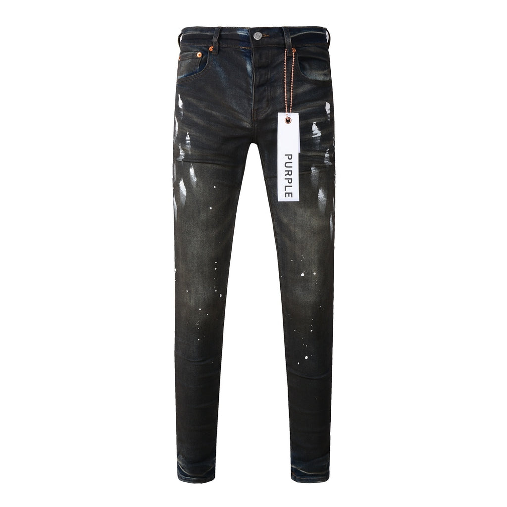 Men's High Street Distressed Black Spray Painted Stretch Slim Fit Ripped Jeans