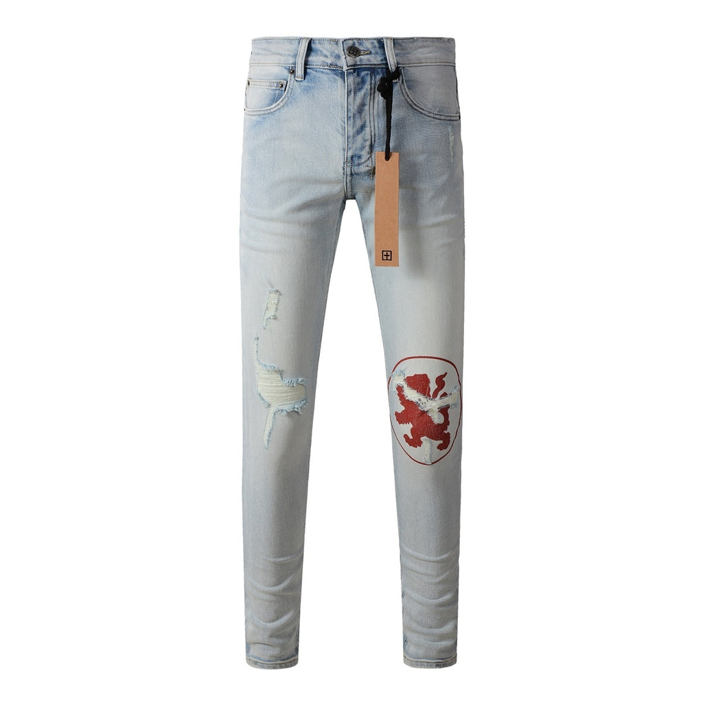 Men's Light Wash Lion Crest Patch Distressed Skinny Jeans - Stretch Denim