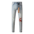 Men's Light Wash Lion Crest Patch Distressed Skinny Jeans - Stretch Denim