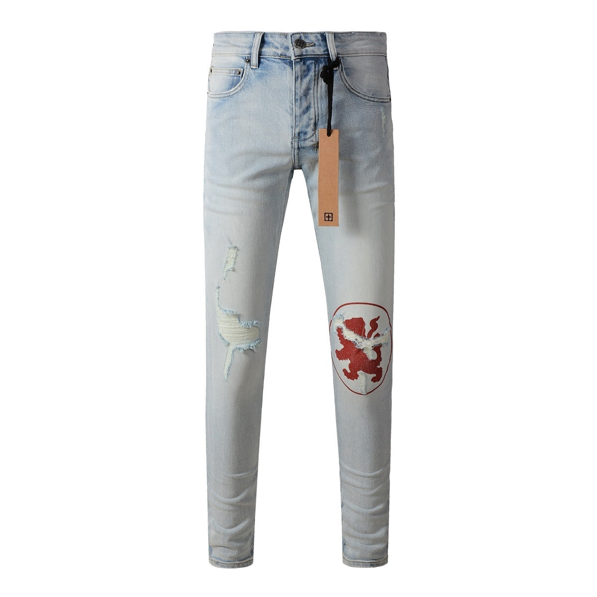 Men's Light Wash Lion Crest Patch Distressed Skinny Jeans - Stretch Denim