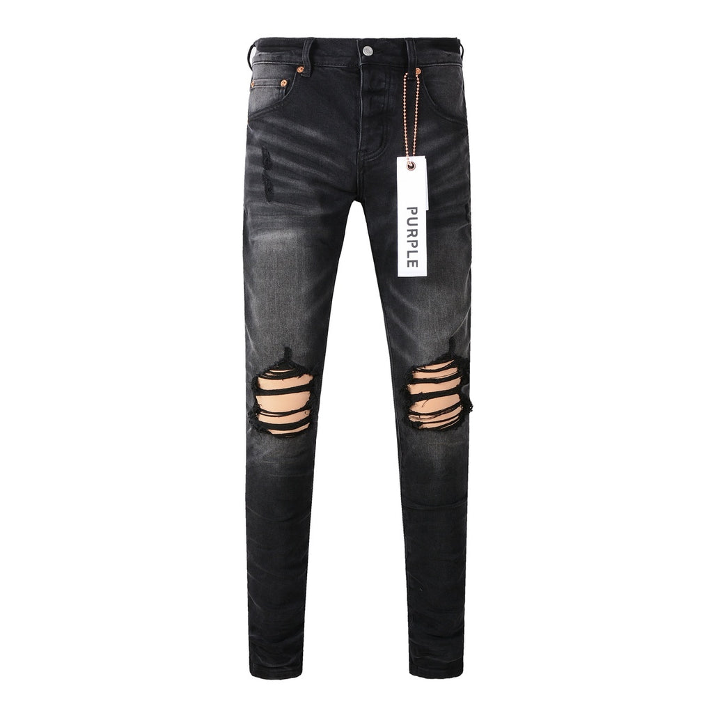 High Street Distressed Black Gray Destroyed Holes Stretch Slim Fit Ripped Jeans For Men
