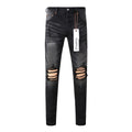 High Street Distressed Black Gray Destroyed Holes Stretch Slim Fit Ripped Jeans For Men