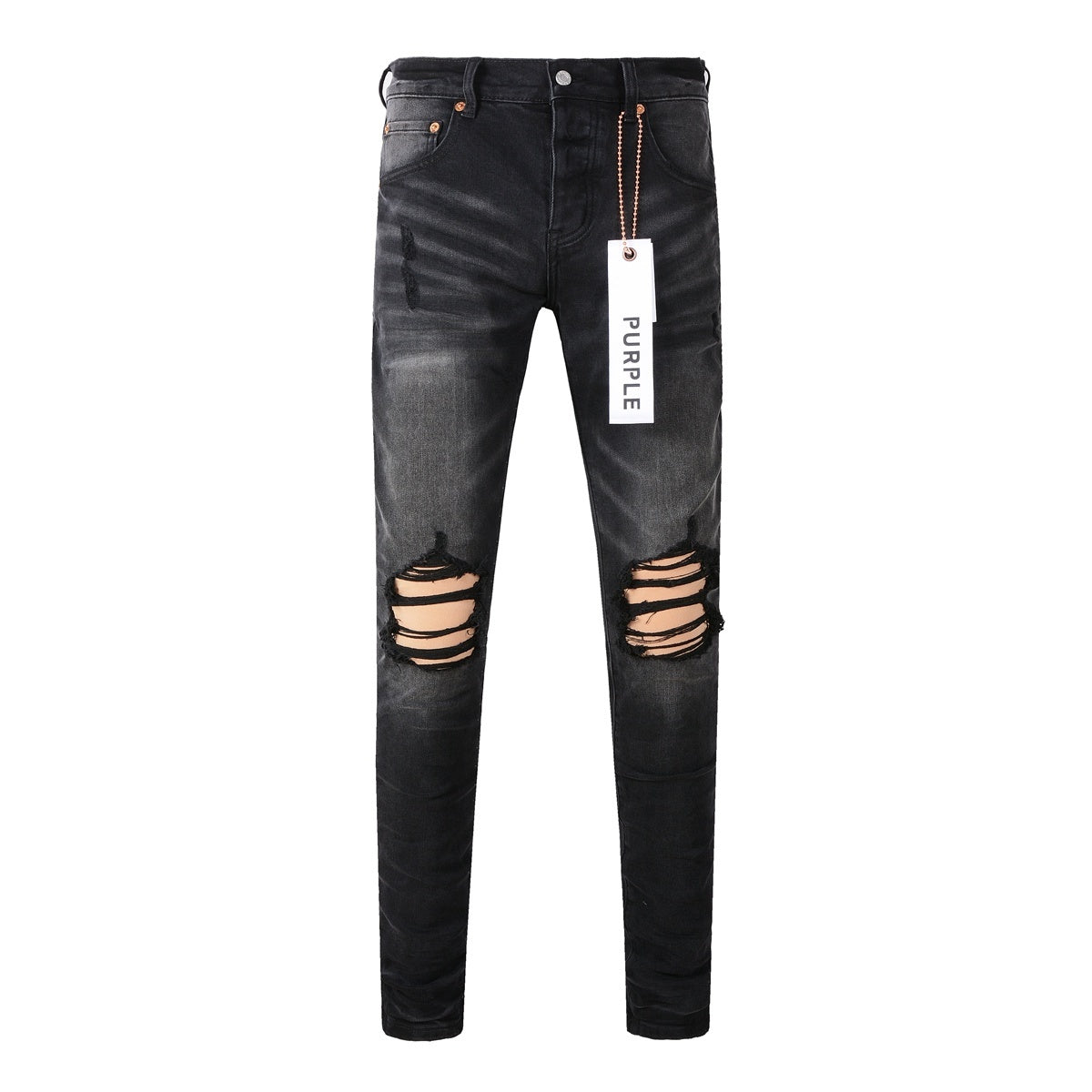 High Street Distressed Black Gray Destroyed Holes Stretch Slim Fit Ripped Jeans For Men